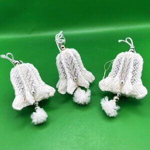 Set 3 Vintage Crochet Bell Ornaments Handmade White Silver 80s Christmas Décor